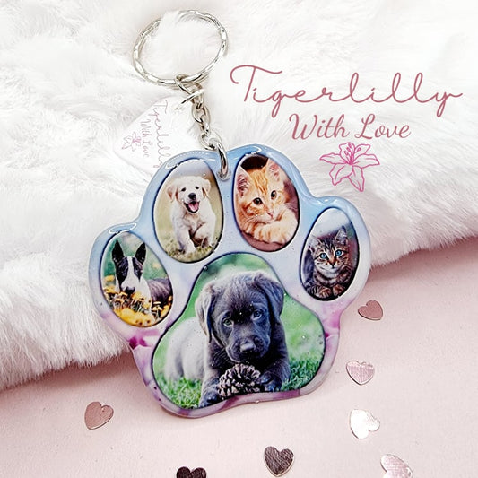 pet paw with 5 photos personalised photo keyring, verse keyring, keepsake