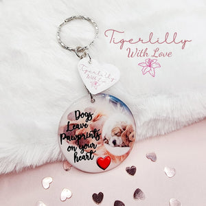 dogs leave paw prints on your heart personalised photo keyring, verse keyring, keepsake