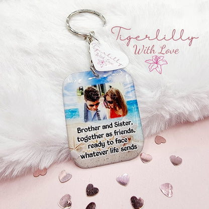 brother and sister together as friends personalised photo keyring, verse keyring, keepsake