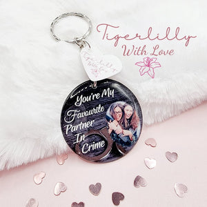 you're my favourite partner in crime personalised photo keyring, verse keyring, keepsake