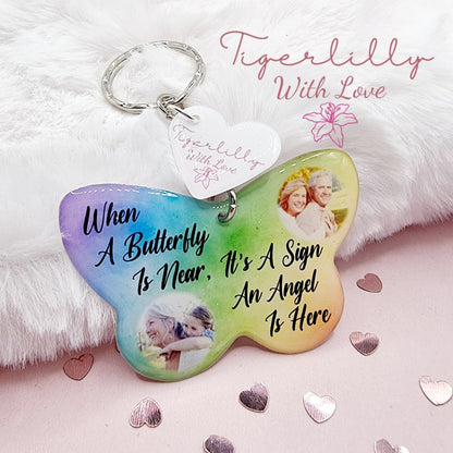 when a butterfly is near, it's a sign an angel is here butterfly shaped personalised photo keyring, verse keyring, keepsake