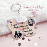 the wings of transformation are born of patience and struggle butterfly shaped personalised photo keyring, verse keyring, keepsake