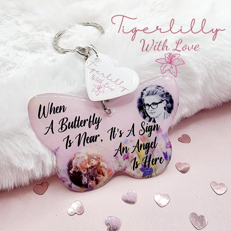 when a butterfly is near, it's a sign an angel is here butterfly shaped personalised photo keyring, verse keyring, keepsake