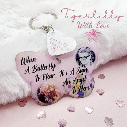 when a butterfly is near, it's a sign an angel is here butterfly shaped personalised photo keyring, verse keyring, keepsake
