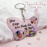 your wings were ready butterfly shaped personalised photo keyring, verse keyring, keepsake