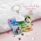 the wings of transformation are born of patience and struggle butterfly shaped personalised photo keyring, verse keyring, keepsake