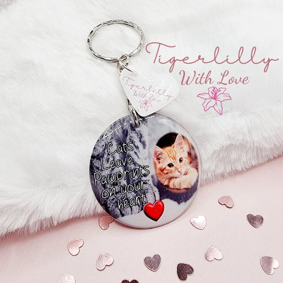 cats leave paw prints on your heart personalised photo keyring, verse keyring, keepsake