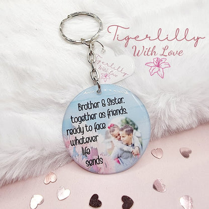 brother and sister together as friends personalised photo keyring, verse keyring, keepsake