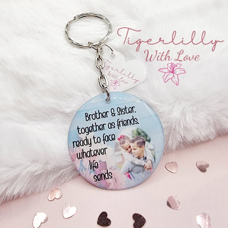 brother and sister together as friends personalised photo keyring, verse keyring, keepsake