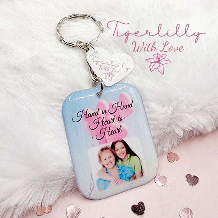 hand in hand, heart to heart personalised photo keyring, verse keyring, keepsake