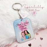 hand in hand, heart to heart personalised photo keyring, verse keyring, keepsake