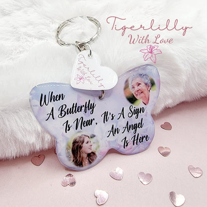 when a butterfly is near, it's a sign an angel is here butterfly shaped personalised photo keyring, verse keyring, keepsake