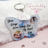your wings were ready butterfly shaped personalised photo keyring, verse keyring, keepsake