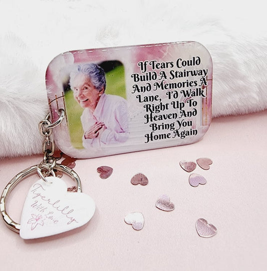 if tears could build a stairway and memories a lane personalised photo keyring, verse keyring, keepsake