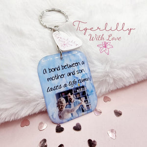 a bond between mother and son personalised photo keyring, verse keyring, keepsake