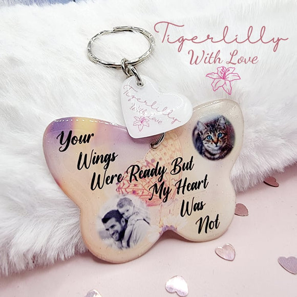 your wings were ready butterfly shaped personalised photo keyring, verse keyring, keepsake