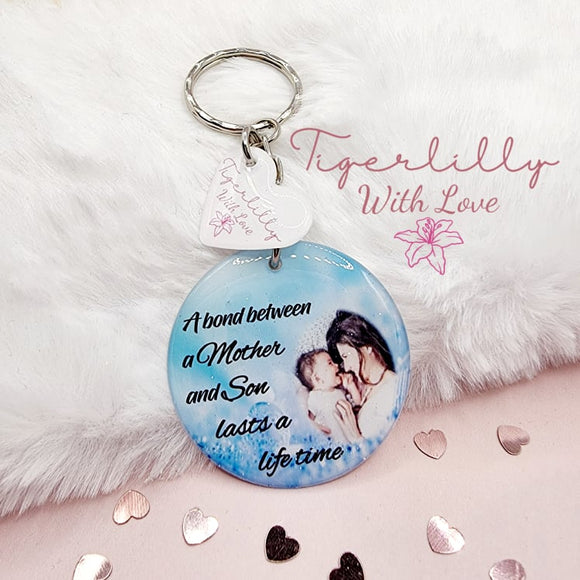 a bond between mother and son personalised photo keyring, verse keyring, keepsake