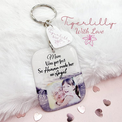 female was perfect so heaven made her an angel personalised photo keyring, verse keyring, keepsake