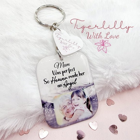 female was perfect so heaven made her an angel personalised photo keyring, verse keyring, keepsake