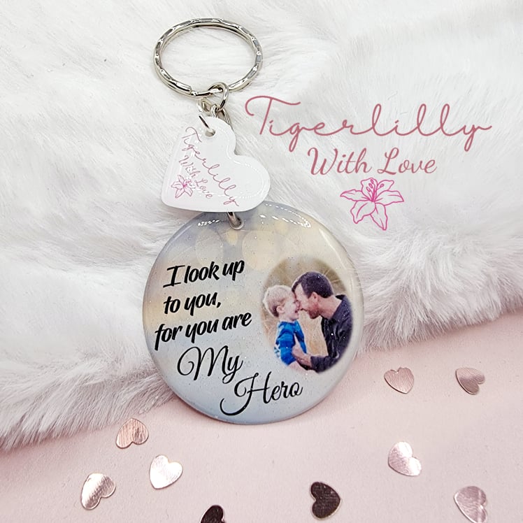 i look upto you,  for you are my hero personalised photo keyring, verse keyring, keepsake