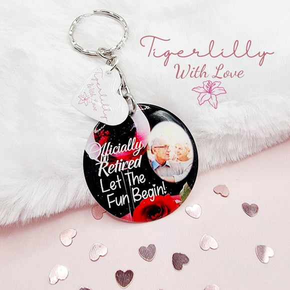 officially retired let the fun begin personalised photo keyring, verse keyring, keepsake