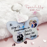 the wings of transformation are born of patience and struggle butterfly shaped personalised photo keyring, verse keyring, keepsake