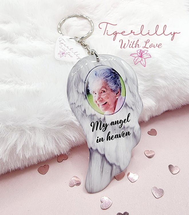 custom wording and photo wing design, wing shaped keyring, verse keyring, keepsake