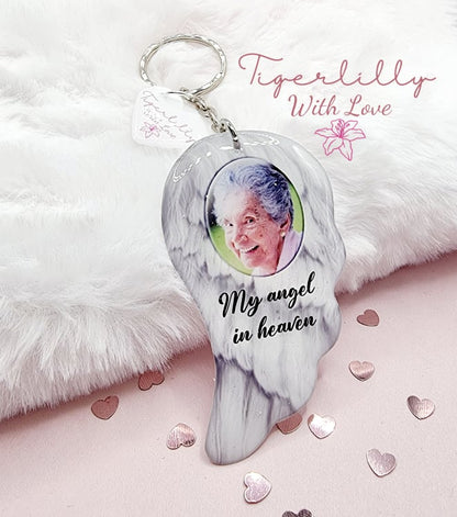 custom wording and photo wing design, wing shaped keyring, verse keyring, keepsake