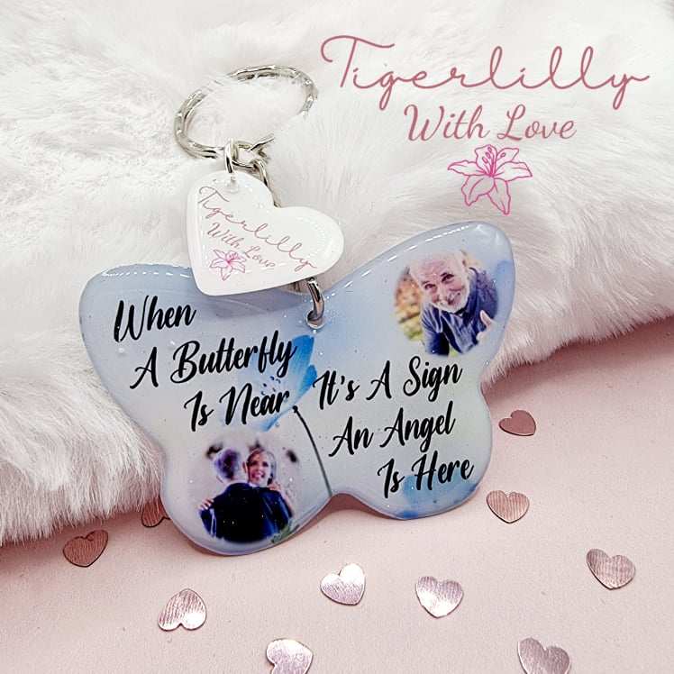 when a butterfly is near, it's a sign an angel is here butterfly shaped personalised photo keyring, verse keyring, keepsake