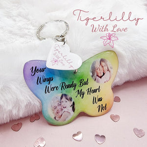 your wings were ready butterfly shaped personalised photo keyring, verse keyring, keepsake