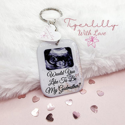 would you like to be my godmother? personalised photo keyring, verse keyring, keepsake