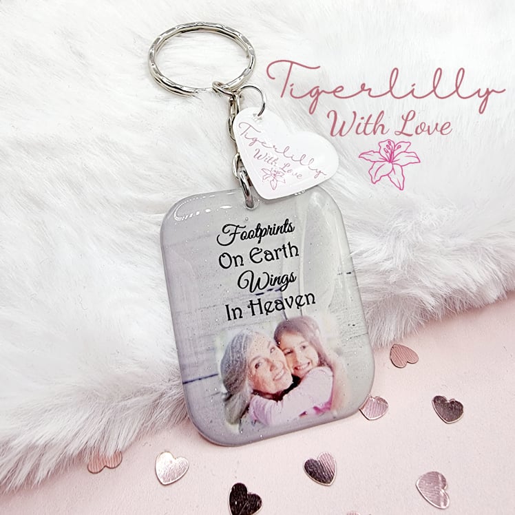 footprints on earth, wings in heaven personalised photo keyring, verse keyring, keepsake