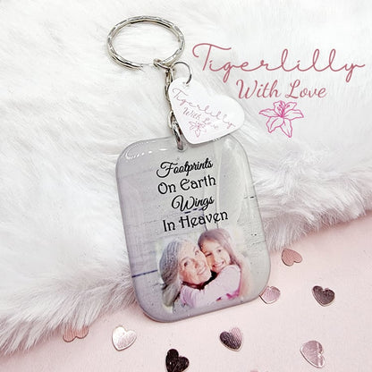 footprints on earth, wings in heaven personalised photo keyring, verse keyring, keepsake