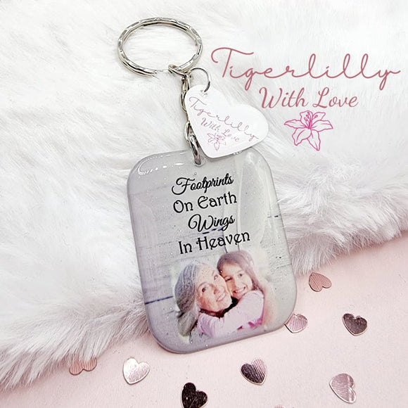 footprints on earth, wings in heaven personalised photo keyring, verse keyring, keepsake