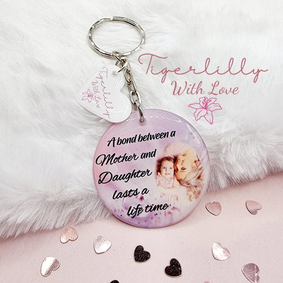 a bond between mother and daughter personalised photo keyring, verse keyring, keepsake