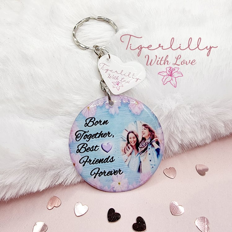 born together best friends forever personalised photo keyring, verse keyring, keepsake