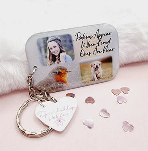 robins appear when loved ones are near personalised photo keyring, verse keyring, keepsake