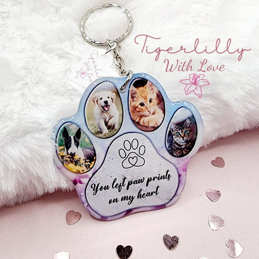 pet paw with 4 photos and own wording personalised photo keyring, verse keyring, keepsake