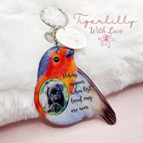 personalised photo robins appear when lost loved ones are near, robin shaped keyring, verse keyring, keepsake