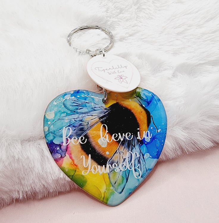 bee - lieve in yourself heart shaped keyring, verse keyring, keepsake