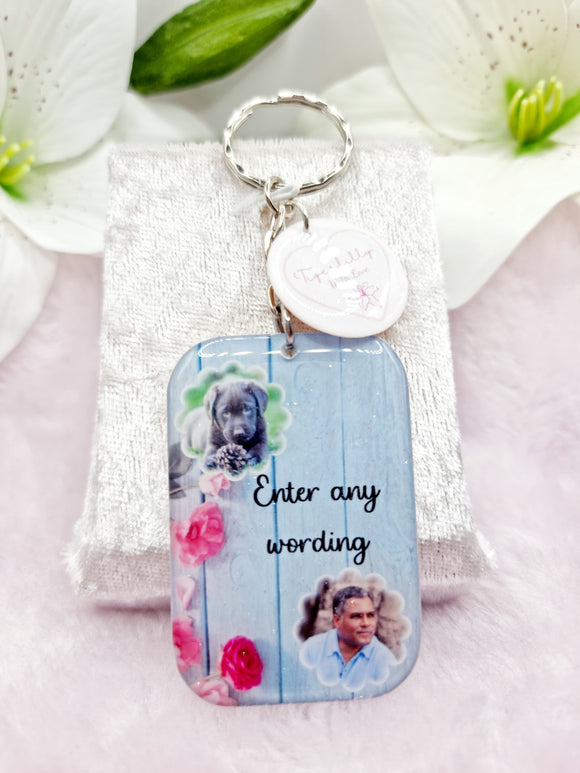 fully personalised double photo keyring, personalised photo keyring, verse keyring, keepsake