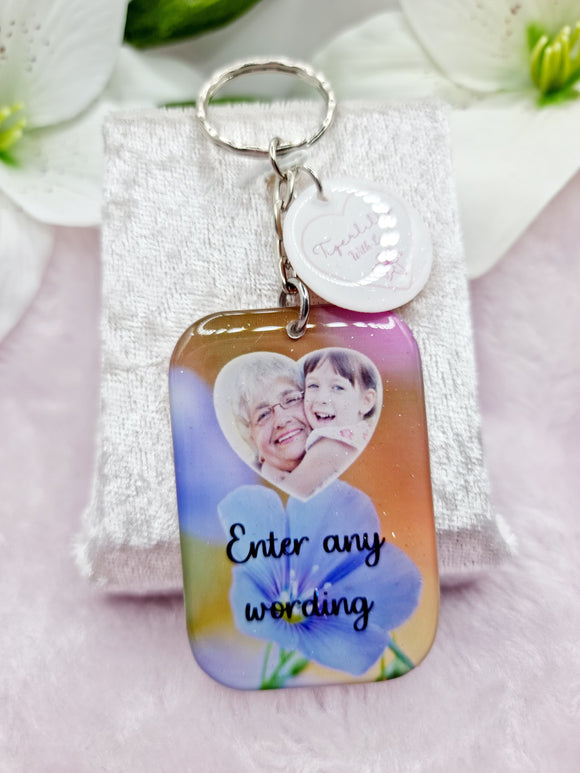 fully personalised blue flower photokeyring, personalised photo keyring, verse keyring, keepsake