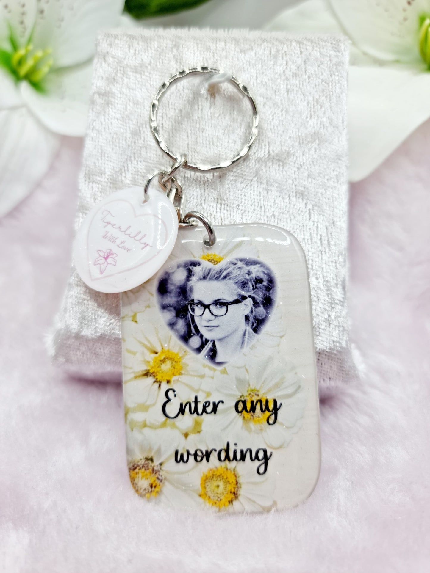 fully personalised daisy photokeyring, personalised photo keyring, verse keyring, keepsake