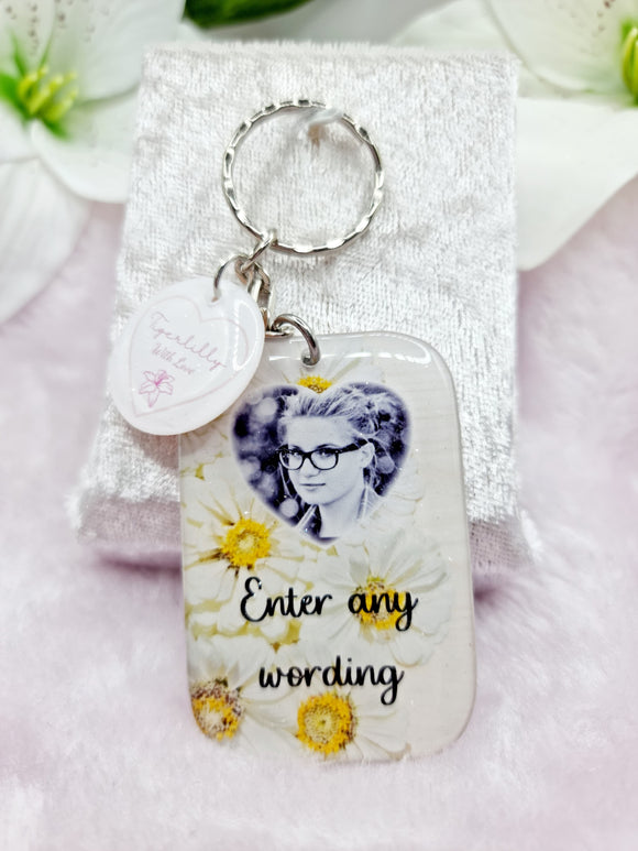 fully personalised daisy photokeyring, personalised photo keyring, verse keyring, keepsake