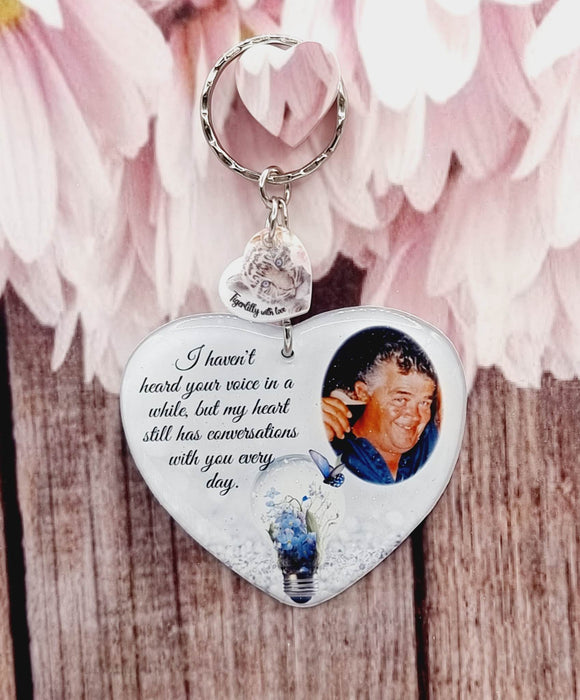 i haven't heard your voice in a while personalised photo keyring, verse keyring, heart keepsake